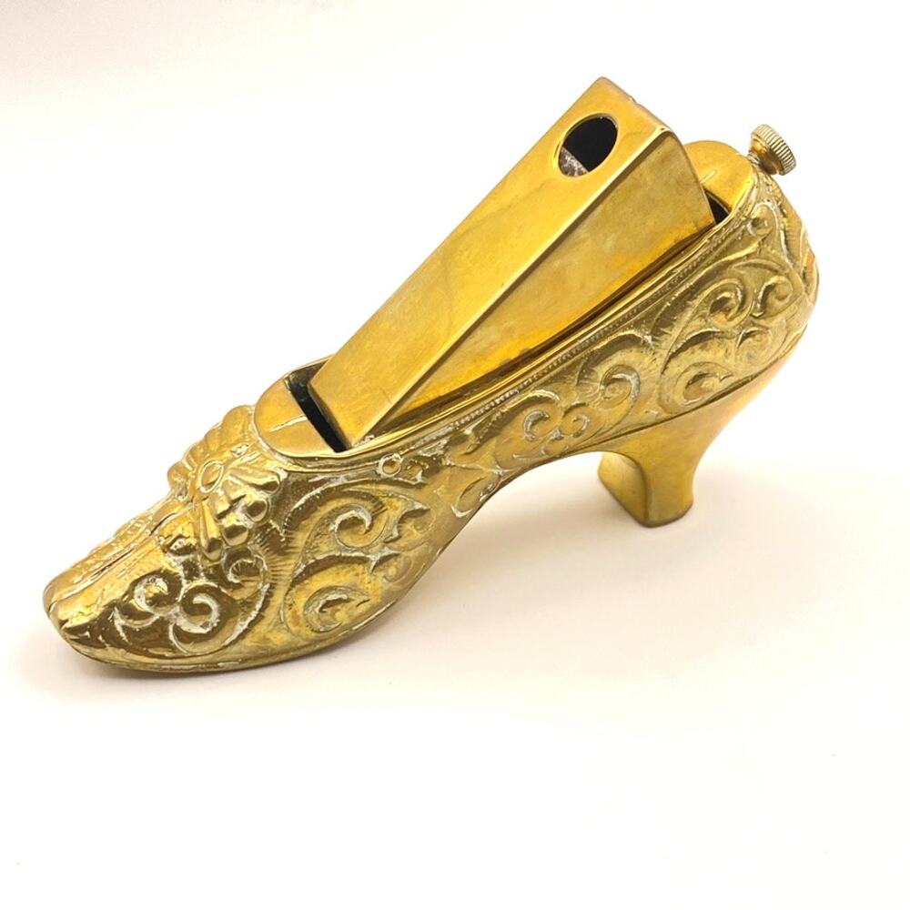 Antique Brass Repousse Shoe Slipper Cigar Cheroot Cutter Heel and Bow